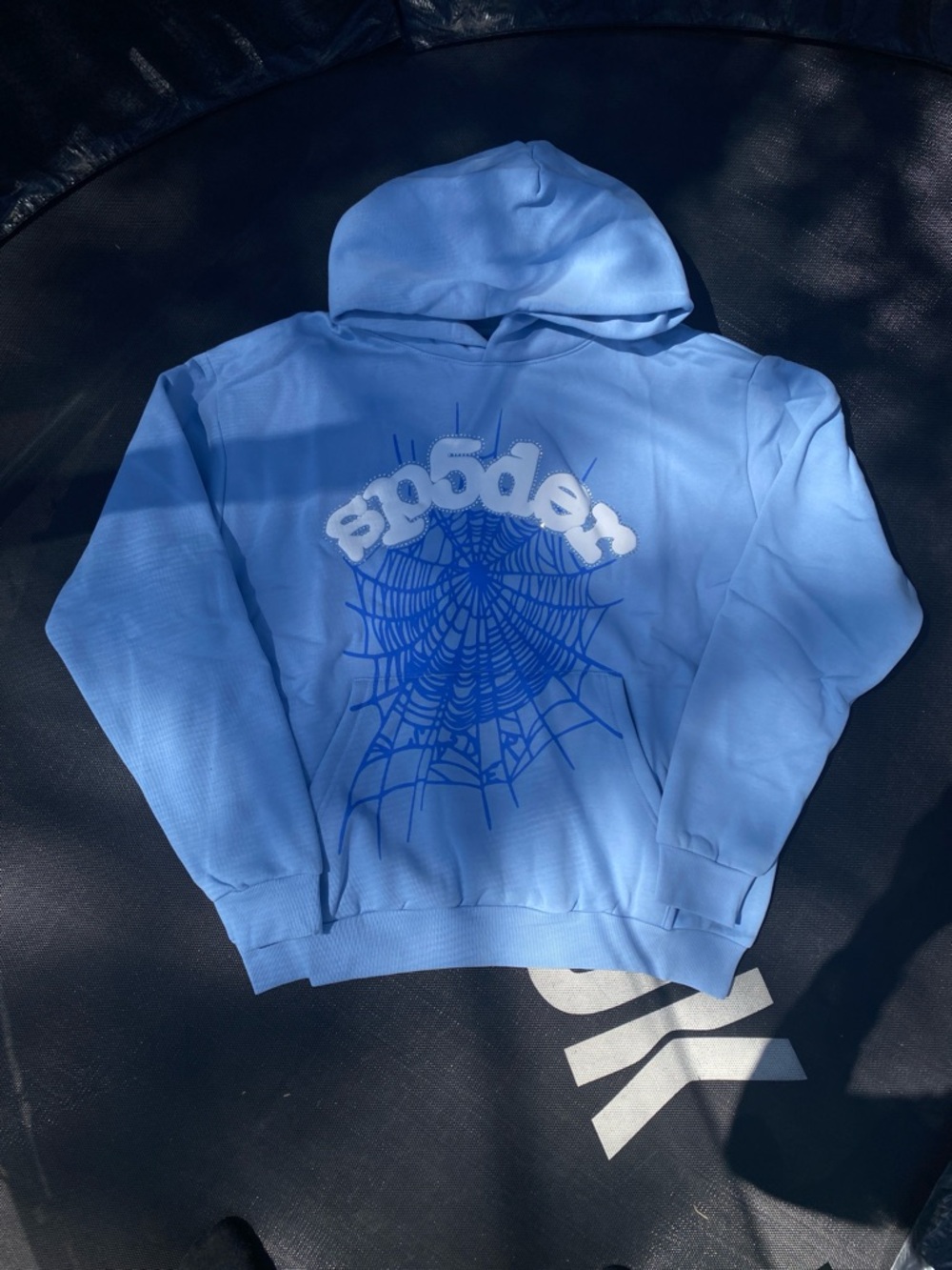 Light Blue Hoodie with White Logo & Blue Spiderweb Graphic